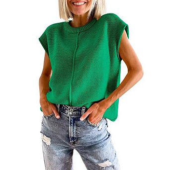Women's Pullover Sweater Vest Crew Neck Cap Sleeve Loose Sweater Ribbed Knit Top Solid Color
