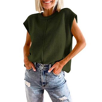 Women's Pullover Sweater Vest Crew Neck Cap Sleeve Loose Sweater Ribbed Knit Top Solid Color