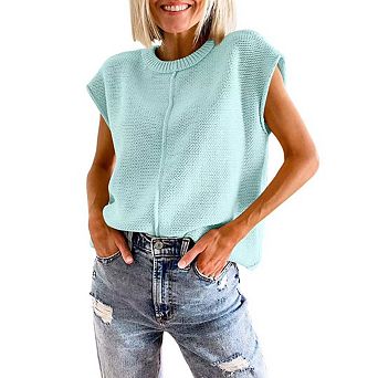 Women's Pullover Sweater Vest Crew Neck Cap Sleeve Loose Sweater Ribbed Knit Top Solid Color