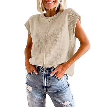 Women's Pullover Sweater Vest Crew Neck Cap Sleeve Loose Sweater Ribbed Knit Top Solid Color