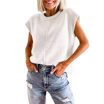 Women's Pullover Sweater Vest Crew Neck Cap Sleeve Loose Sweater Ribbed Knit Top Solid Color