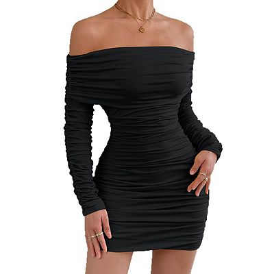 Women's Off The Shoulder Long Sleeve Ruched Bodycon Mini Dress, Slim Fit  Clubwear Party Dresses