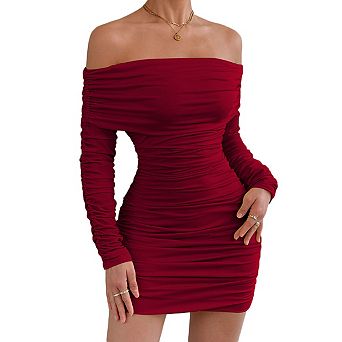 Women's Off The Shoulder Long Sleeve Ruched Bodycon Mini Dress, Slim Fit Clubwear Party Dresses