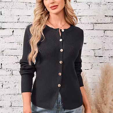 Women's Knit Cardigan Metal Buttons Slit Hem Round Neck Soft Comfortable