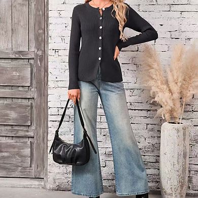 Women's Knit Cardigan Metal Buttons Slit Hem Round Neck Soft Comfortable