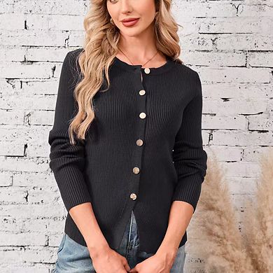 Women's Knit Cardigan Metal Buttons Slit Hem Round Neck Soft Comfortable