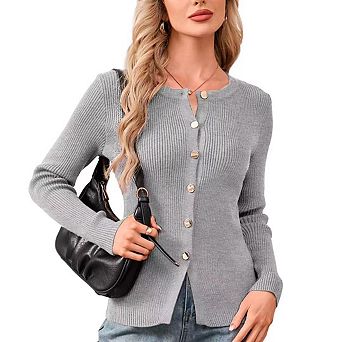 Women's Knit Cardigan Metal Buttons Slit Hem Round Neck Soft Comfortable