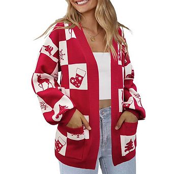 Women's Open Front Cardigan Christmas Outfit Ribbed Cuffs Sweater with Pockets
