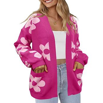 Women's Open Front Cardigan Christmas Outfit Ribbed Cuffs Sweater with Pockets