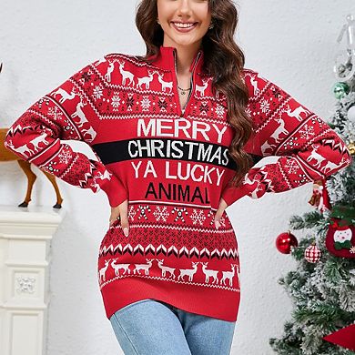 Women's Ugly Christmas Sweater Zip Up Mock Neck Festive Party Comfortable