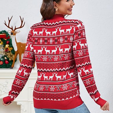Women's Ugly Christmas Sweater Zip Up Mock Neck Festive Party Comfortable