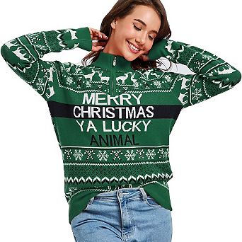 Women's Ugly Christmas Sweater Zip Up Mock Neck Festive Party Comfortable