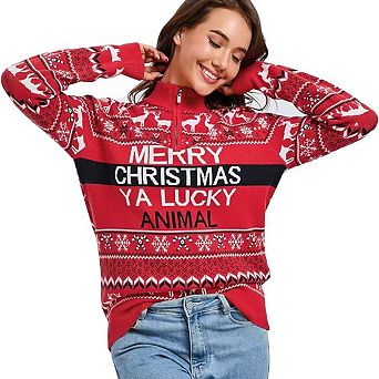 Women's Ugly Christmas Sweater Zip Up Mock Neck Festive Party Comfortable