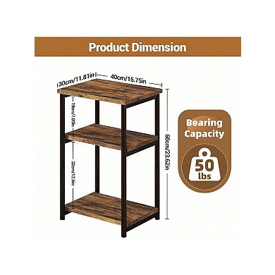 3-Tier Side Table with Storage Tall End Table with Metal Frame Small Multifunctional Nightstand