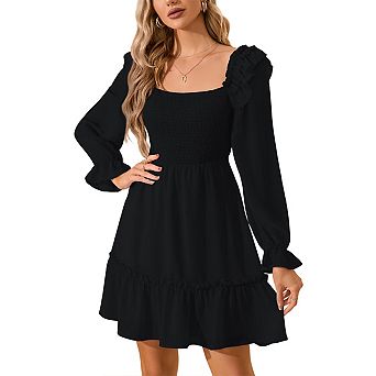 Square Neck Ruffle Mini Dress Long Sleeve Bodycon Slip Dress for Women