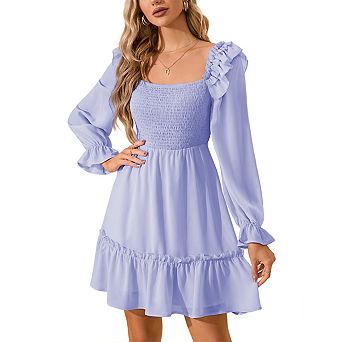 Square Neck Ruffle Mini Dress Long Sleeve Bodycon Slip Dress for Women