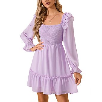 Square Neck Ruffle Mini Dress Long Sleeve Bodycon Slip Dress for Women