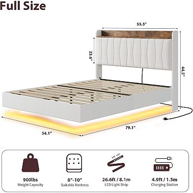 Floating Bed Frame with LED Lights and Storage Headboard Metal Platform Bed with Charging Station