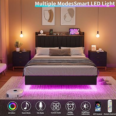 Floating Bed Frame with LED Lights and Storage Headboard Metal Platform Bed with Charging Station