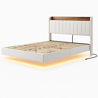 Floating Bed Frame with LED Lights and Storage Headboard Metal Platform Bed with Charging Station