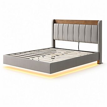 Floating Bed Frame with LED Lights and Storage Headboard Metal Platform Bed with Charging Station