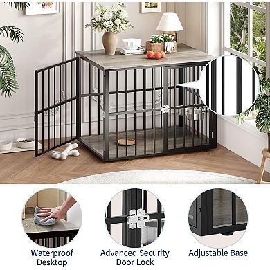 43" Large Dog Crate Furniture with Double Doors, Pet Cage Pet House with Lockable