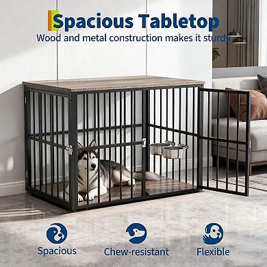 43" Large Dog Crate Furniture with Double Doors, Pet Cage Pet House with Lockable