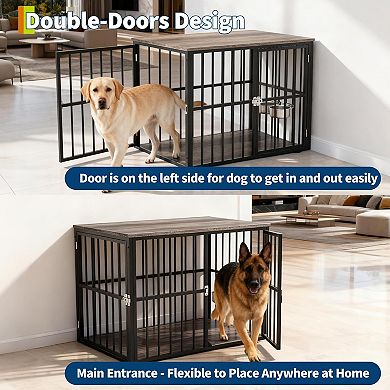 43" Large Dog Crate Furniture with Double Doors, Pet Cage Pet House with Lockable