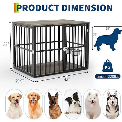43" Large Dog Crate Furniture with Double Doors, Pet Cage Pet House with Lockable