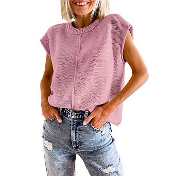 Women's Pullover Sweater Vest Crew Neck Cap Sleeve Loose Sweater Ribbed Knit Top Solid Color