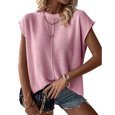 Women's Pullover Sweater Vest Crew Neck Cap Sleeve Loose Sweater Ribbed Knit Top Solid Color