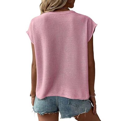 Women's Pullover Sweater Vest Crew Neck Cap Sleeve Loose Sweater Ribbed Knit Top Solid Color