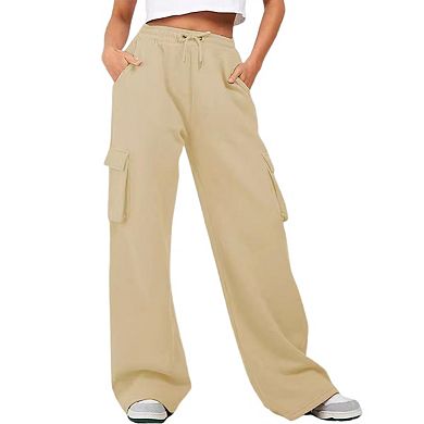 Women High Waisted Drawstring Wide Leg Cargo Pants Casual Baggy Joggers Pants with Pockets