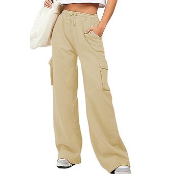 Women High Waisted Drawstring Wide Leg Cargo Pants Casual Baggy Joggers Pants with Pockets