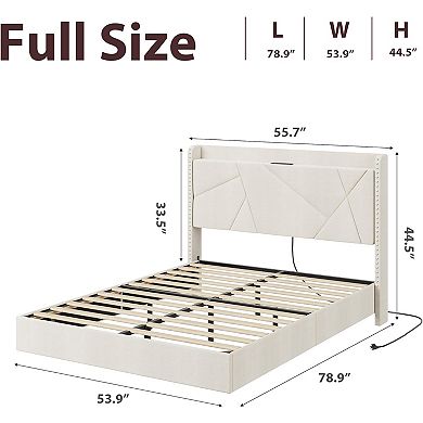Floating Bed Frame with LED Lights Charging Station Upholstered Platform Beds with Storage