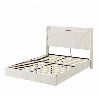 Floating Bed Frame with LED Lights Charging Station Upholstered Platform Beds with Storage