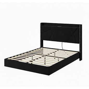 Floating Bed Frame with LED Lights Charging Station Upholstered Platform Beds with Storage