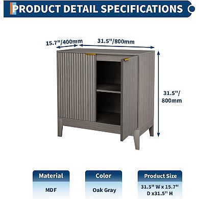 31.5" Fluted Storage Cabinet with Gold Handles, Adjustable Shelf, Oak Finish Credenza