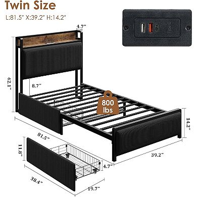 Twin Size Bed Frame with Storage Drawers Charging Station - Rustic Velvet Upholstered Platform Bed