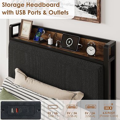 Twin Size Bed Frame with Storage Drawers Charging Station - Rustic Velvet Upholstered Platform Bed