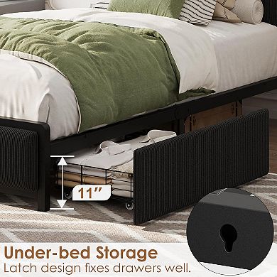 Twin Size Bed Frame with Storage Drawers Charging Station - Rustic Velvet Upholstered Platform Bed