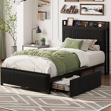 Twin Size Bed Frame with Storage Drawers Charging Station - Rustic Velvet Upholstered Platform Bed
