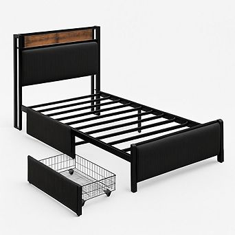 Twin Size Bed Frame with Storage Drawers Charging Station - Rustic Velvet Upholstered Platform Bed