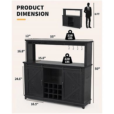 Large Kitchen Hutch with LED Lighting & Built-in Power Outlet, Tall Buffet Cabinet