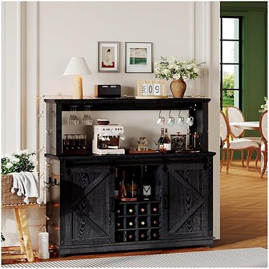 Large Kitchen Hutch with LED Lighting & Built-in Power Outlet, Tall Buffet Cabinet