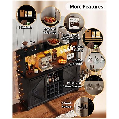 Large Kitchen Hutch with LED Lighting & Built-in Power Outlet, Tall Buffet Cabinet