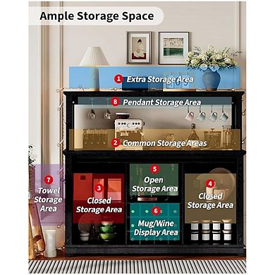 Large Kitchen Hutch with LED Lighting & Built-in Power Outlet, Tall Buffet Cabinet