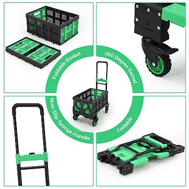2-in-1 Folding Hand Truck with Folding Basket, Retractable Handle & 4 Wheels, 330 LB Capacity