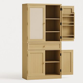 70inch Tall Kitchen Pantry Cabine, Rattan Doors Freestanding Cupboard Storage Cabinet