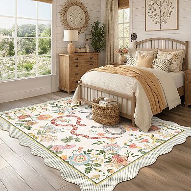 Scalloped Machine Washable Rug Non-Slip Floral Floor Mats Non-Shedding Low Pile Carpet
